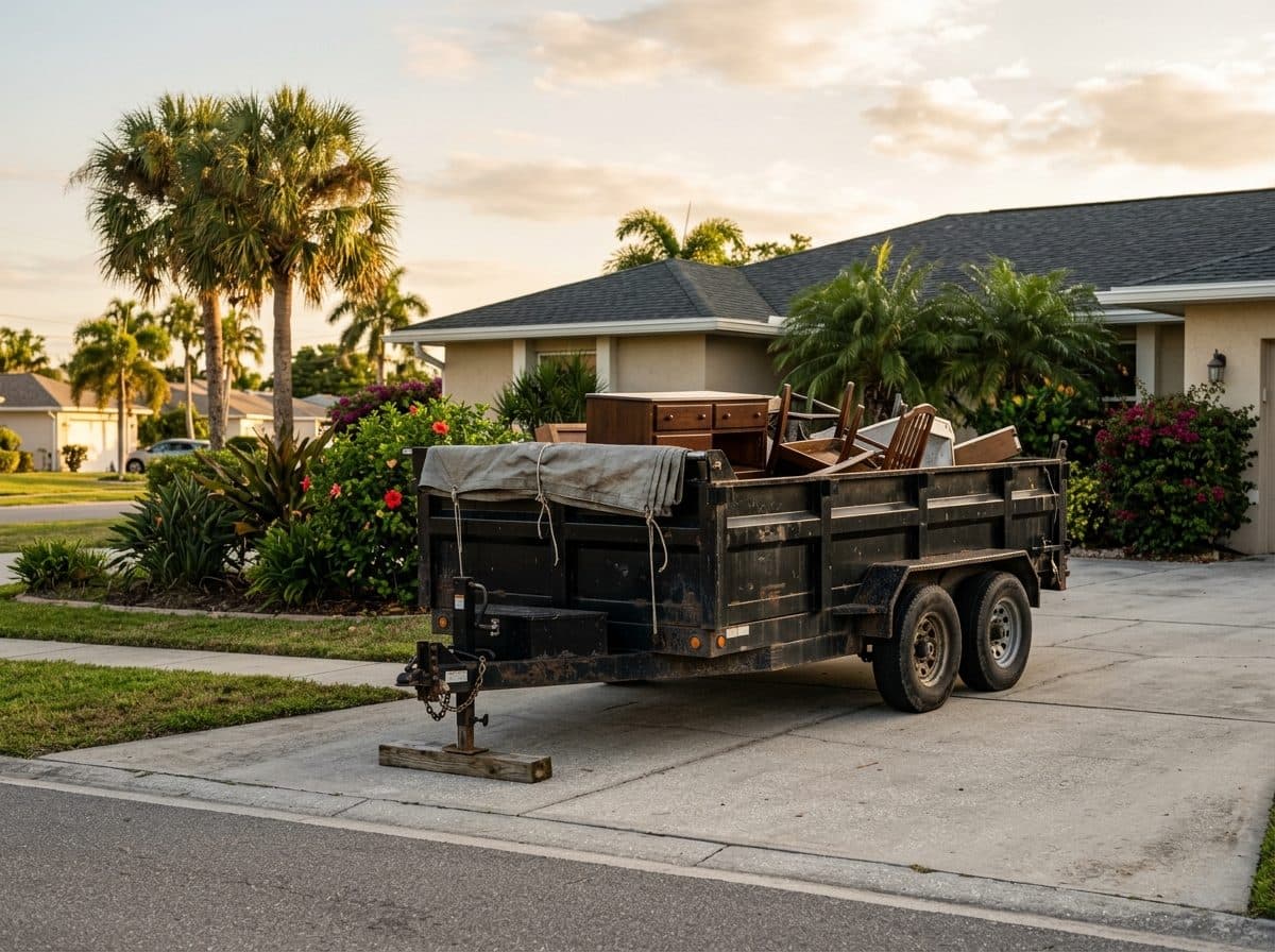 A 7 by 14 dump trailer parked in a driveway ready to be loaded