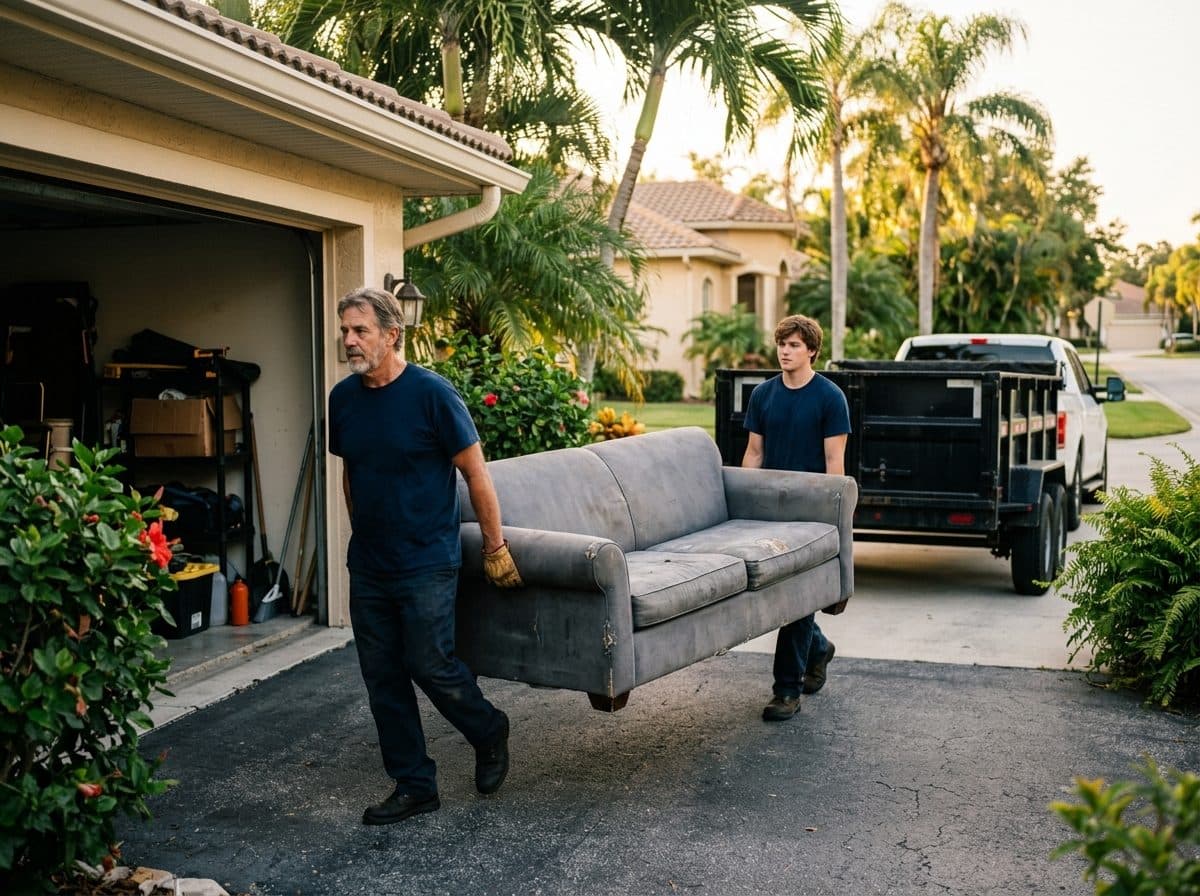 Crew carrying a couch out of a Florida home to a dump trailer